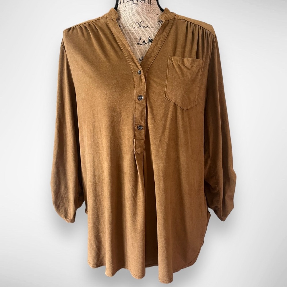 KHAKIS & CO Brown Faux Suede Long Sleeve Light Weight Tuni Top Large | EUC‎